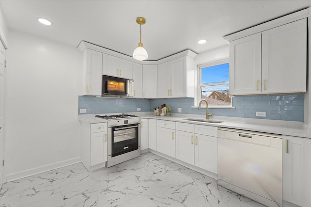 8416 S Bennett Ave, Chicago, IL 60617 - kitchen featuring a sink, white appliances, marble finish floor, and light countertops