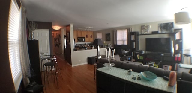 living area with baseboards and wood finished floors