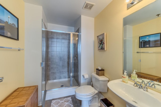 full bathroom with visible vents, toilet, a sink, a shower stall, and tile patterned flooring