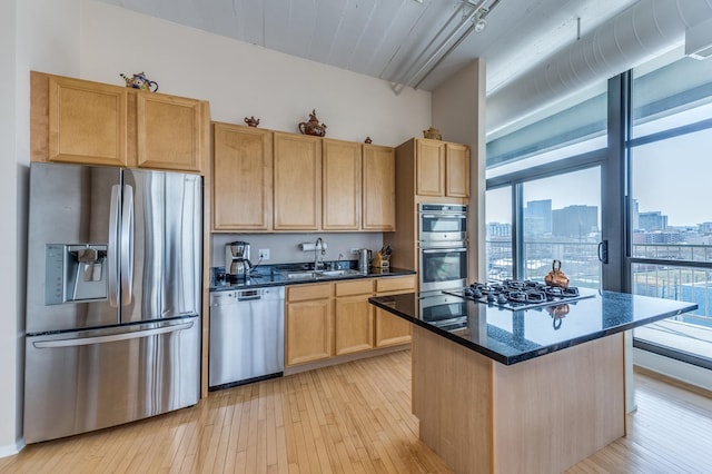 kitchen with light wood-style flooring, a sink, stainless steel appliances, a city view, and a center island