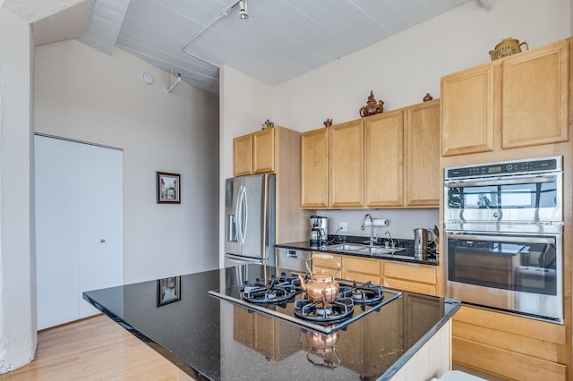 kitchen featuring light wood finished floors, a center island, vaulted ceiling, appliances with stainless steel finishes, and a sink