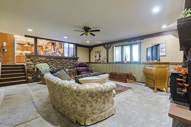 living room featuring recessed lighting, ceiling fan, and carpet flooring