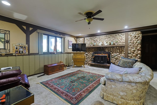 living room featuring recessed lighting, carpet flooring, and a ceiling fan