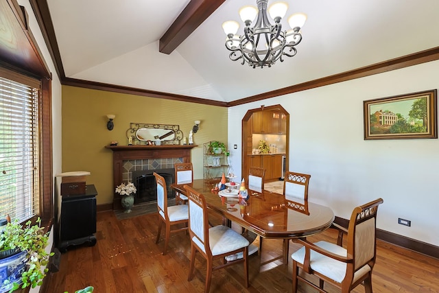 dining room featuring lofted ceiling with beams, baseboards, a notable chandelier, and wood finished floors