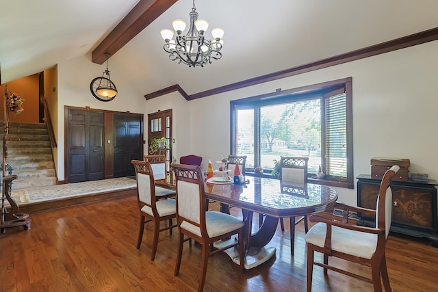 dining area with vaulted ceiling with beams, crown molding, dark wood finished floors, stairway, and a chandelier