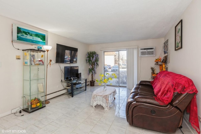 living room with marble finish floor, an AC wall unit, and a baseboard radiator