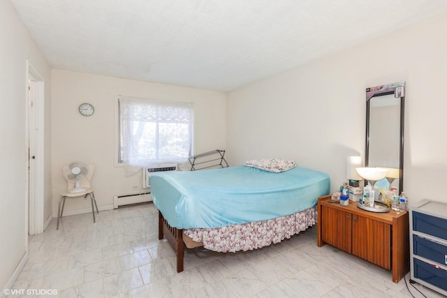 bedroom featuring baseboard heating, marble finish floor, a wall mounted AC, and baseboards