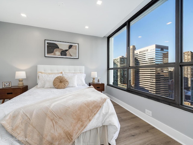 bedroom with a city view, baseboards, and wood finished floors