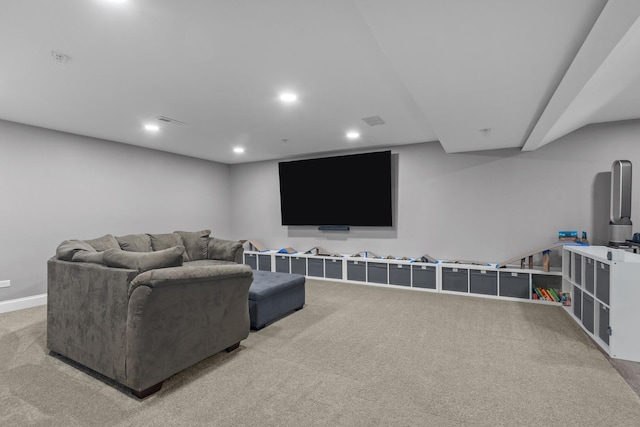 living room with recessed lighting, light colored carpet, visible vents, and baseboards