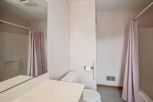 full bath with toilet, tile patterned floors, a shower with shower curtain, and vanity