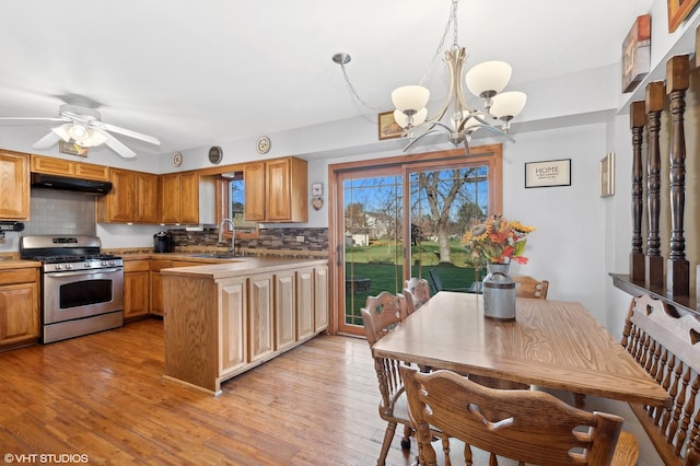 kitchen featuring stainless steel range with gas stovetop, a peninsula, light wood-type flooring, and a sink