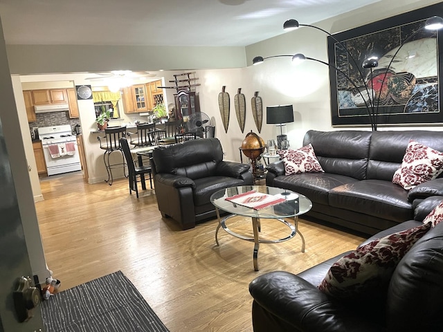 living area with a ceiling fan and light wood-style floors