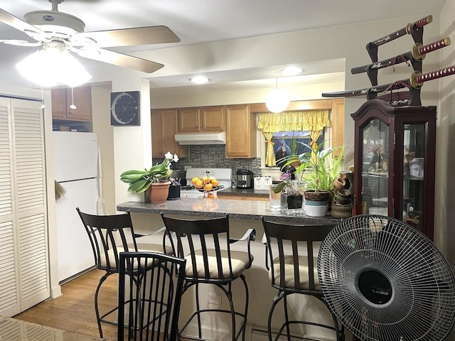 kitchen featuring under cabinet range hood, a kitchen bar, decorative backsplash, light wood-style flooring, and white appliances