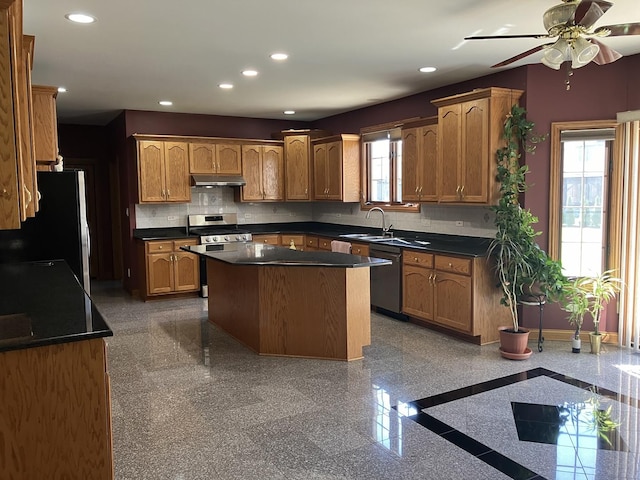 kitchen featuring a wealth of natural light, recessed lighting, appliances with stainless steel finishes, and under cabinet range hood