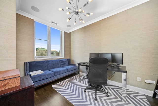 home office with visible vents, baseboards, an inviting chandelier, and ornamental molding