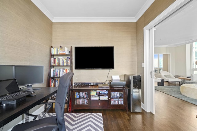 office space with ornamental molding and wood finished floors