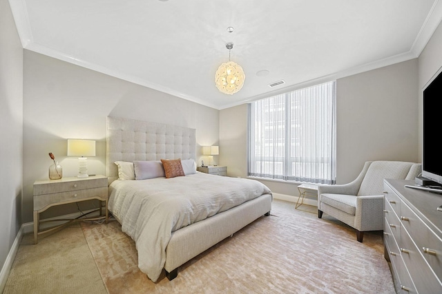 bedroom featuring visible vents, light carpet, and crown molding