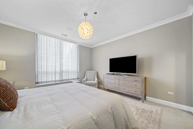 carpeted bedroom with crown molding, baseboards, and visible vents