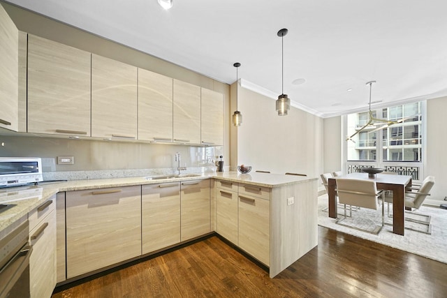 kitchen featuring light stone counters, a sink, light brown cabinetry, dark wood-type flooring, and stainless steel oven