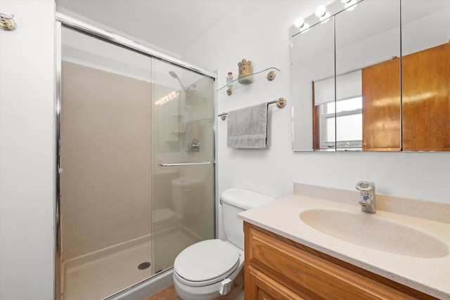 full bath featuring vanity, a shower stall, and toilet