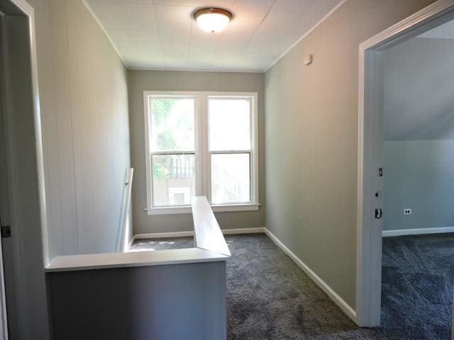 833 Pleasant St, Dekalb, IL 60115 - corridor featuring dark carpet, baseboards, and ornamental molding