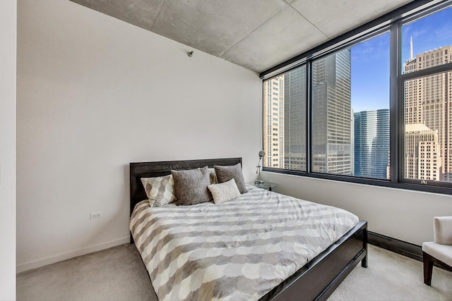 carpeted bedroom featuring a view of city and baseboards