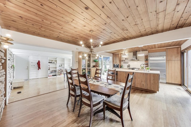 dining room featuring light wood finished floors and wooden ceiling