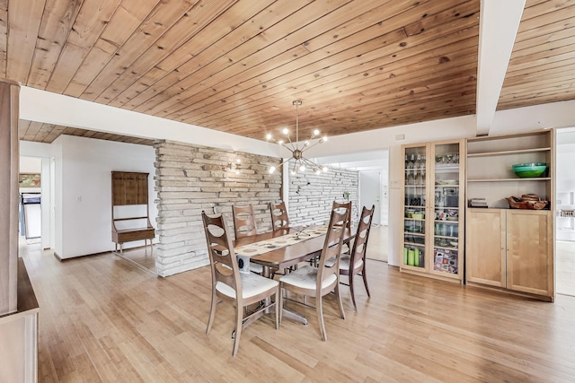 dining area featuring beamed ceiling, an inviting chandelier, light wood-style flooring, and wood ceiling