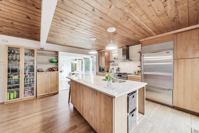 kitchen with light wood-style floors, wall chimney exhaust hood, stainless steel appliances, and a sink