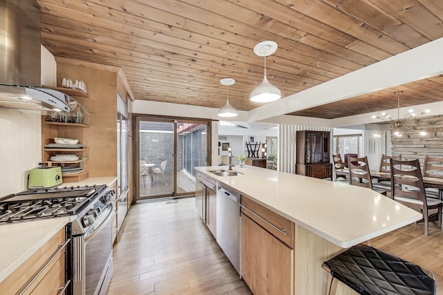 kitchen with a sink, stainless steel appliances, open shelves, wooden ceiling, and light wood-style flooring