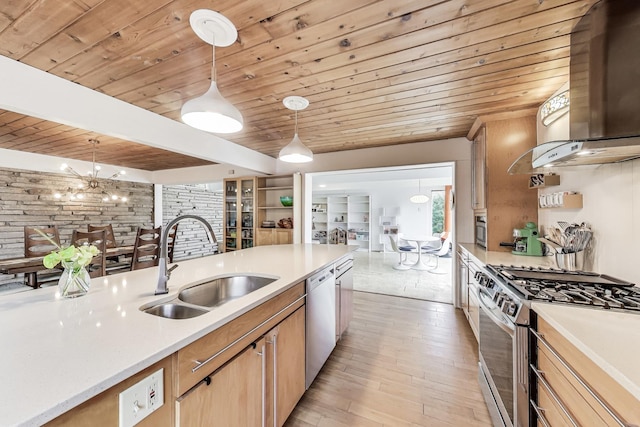 kitchen featuring a sink, stainless steel appliances, decorative light fixtures, wooden ceiling, and light countertops