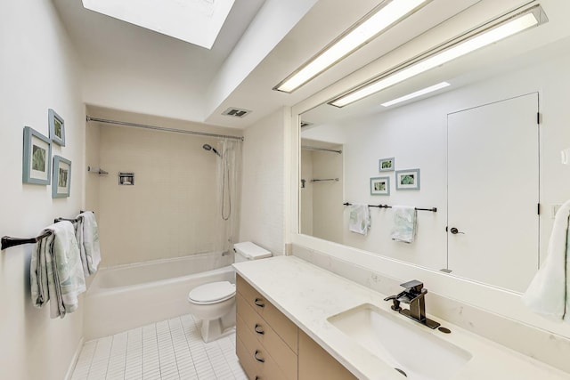 full bathroom with toilet, shower / washtub combination, tile patterned floors, visible vents, and vanity
