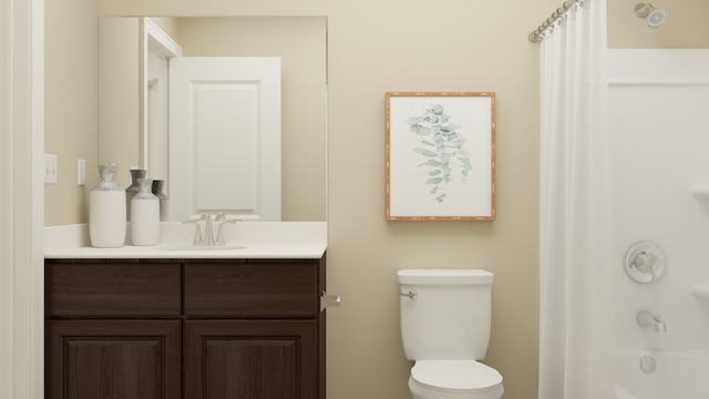 bathroom featuring vanity, toilet, and shower / tub combo with curtain