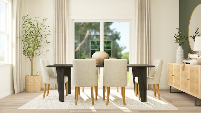 dining area featuring plenty of natural light, wood finished floors, and baseboards