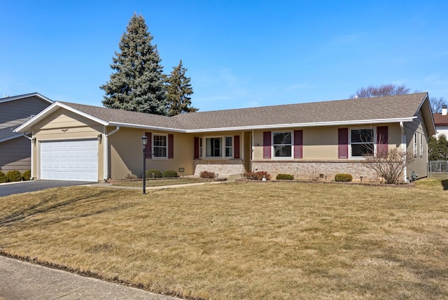 ranch-style home with a front yard, a garage, and driveway