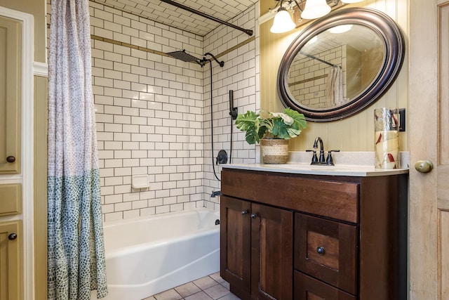 bathroom featuring tile patterned floors, vanity, and shower / bathtub combination with curtain