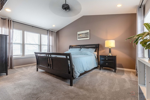 655 N Fox Trl, Round Lake, IL 60073 - bedroom with multiple windows, vaulted ceiling, carpet flooring, baseboards, and recessed lighting