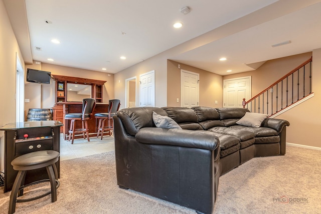 655 N Fox Trl, Round Lake, IL 60073 - living area featuring light carpet, recessed lighting, a bar, and baseboards