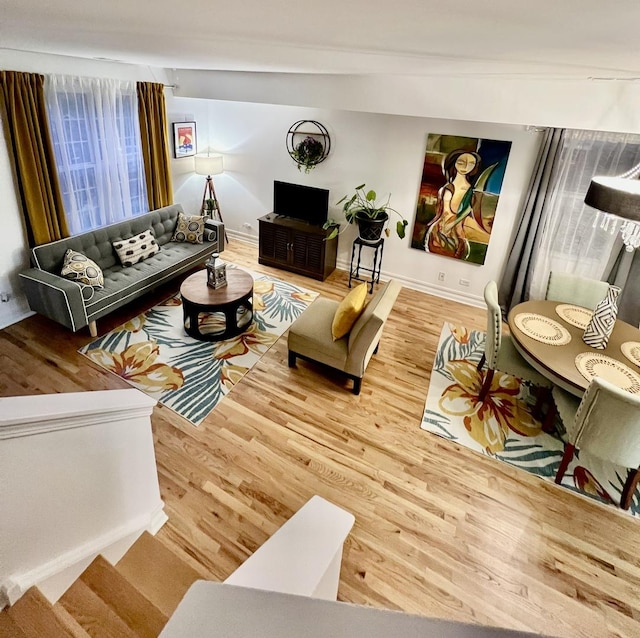 living room with baseboards and wood finished floors