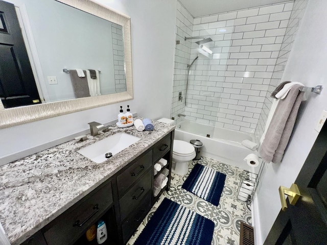 bathroom with tile patterned floors, visible vents, toilet, shower / bathing tub combination, and vanity