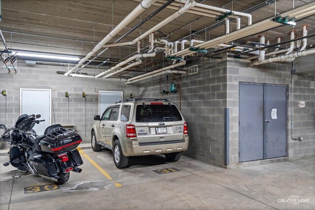 parking deck with concrete block wall