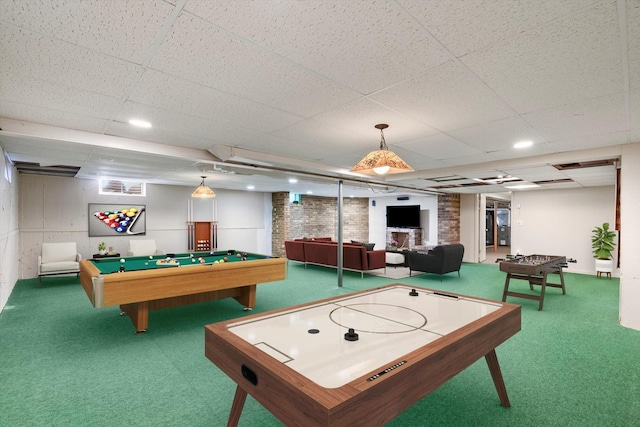 game room with carpet, billiards, and a paneled ceiling