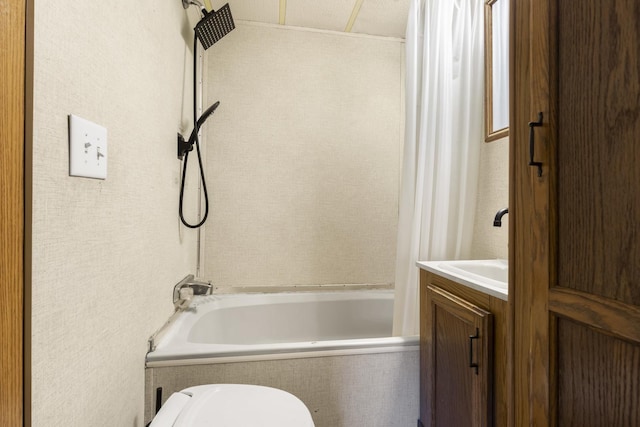 full bath featuring vanity, shower / bath combination with curtain, and toilet