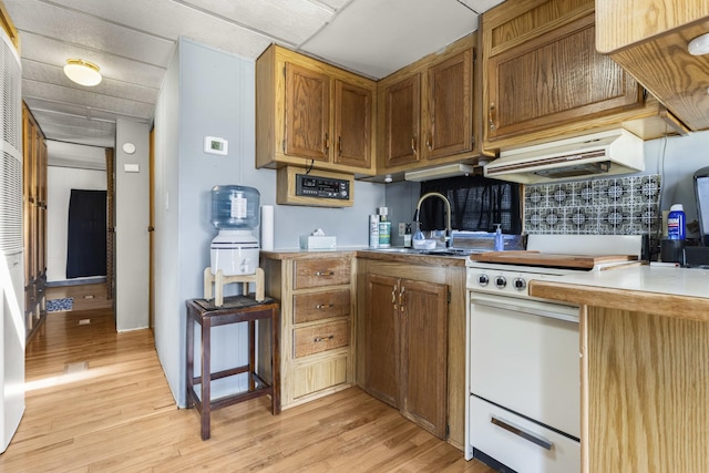 kitchen featuring under cabinet range hood, light countertops, electric stove, light wood-style floors, and a sink