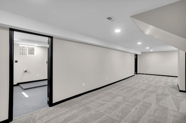 carpeted home theater room featuring recessed lighting, baseboards, and visible vents