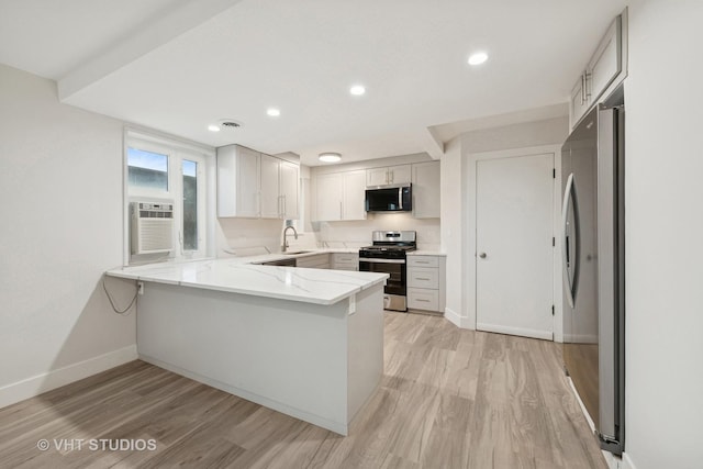 7202 Oak Ave Unit 1Ne, River Forest, IL 60305 - kitchen featuring appliances with stainless steel finishes, a peninsula, light wood-style floors, baseboards, and recessed lighting