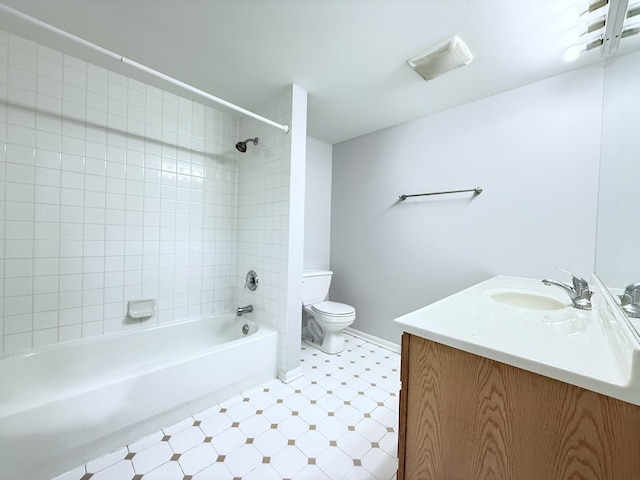 bathroom featuring tile patterned floors, visible vents, toilet, shower / tub combination, and vanity