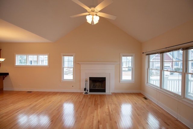 unfurnished living room with light wood-type flooring, a fireplace with flush hearth, visible vents, baseboards, and ceiling fan