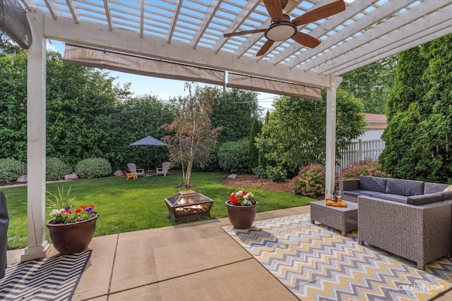 432 S Cherry St, Itasca, IL 60143 - view of patio / terrace featuring an outdoor living space with a fire pit, a pergola, and a ceiling fan