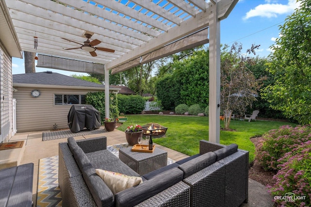 432 S Cherry St, Itasca, IL 60143 - view of patio / terrace with grilling area, a fire pit, a pergola, and a ceiling fan